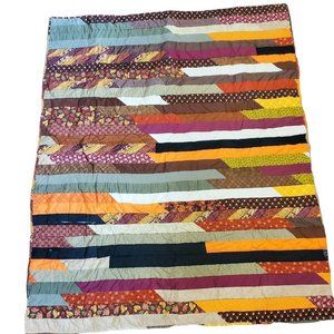 Handmade Jelly‎ Roll Fall Autumn Leaf Quilt Brown Orange NEEDS REPAIR 62x48